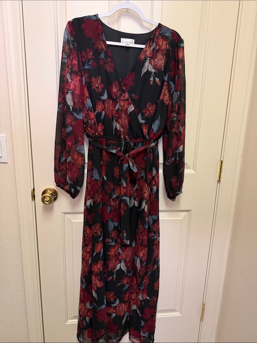 Women's Long Sleeve Wrap Maxi Dress - Black with Burgundy Floral Robbie Bee 16
